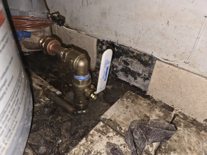 A new ball valve and meter connection installed at the same basement wall