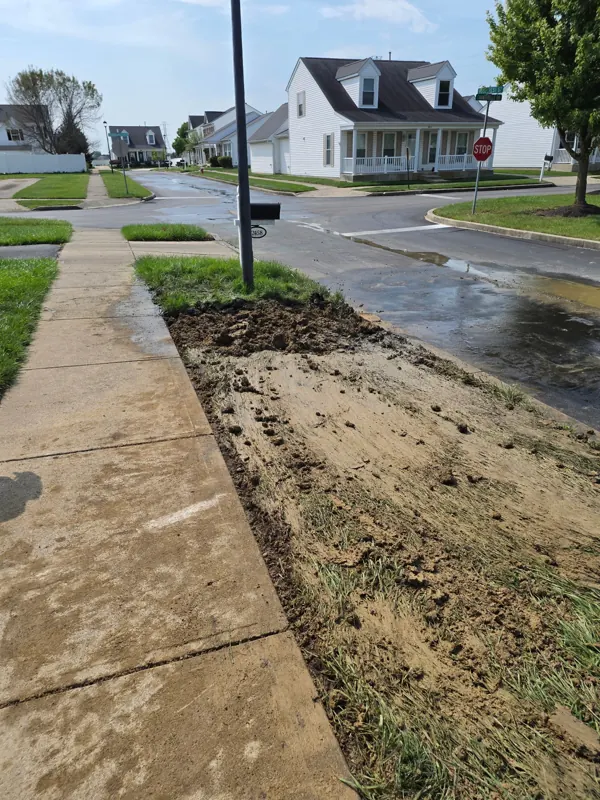 A trench cut across a tree lawn toward the house for a water service repair